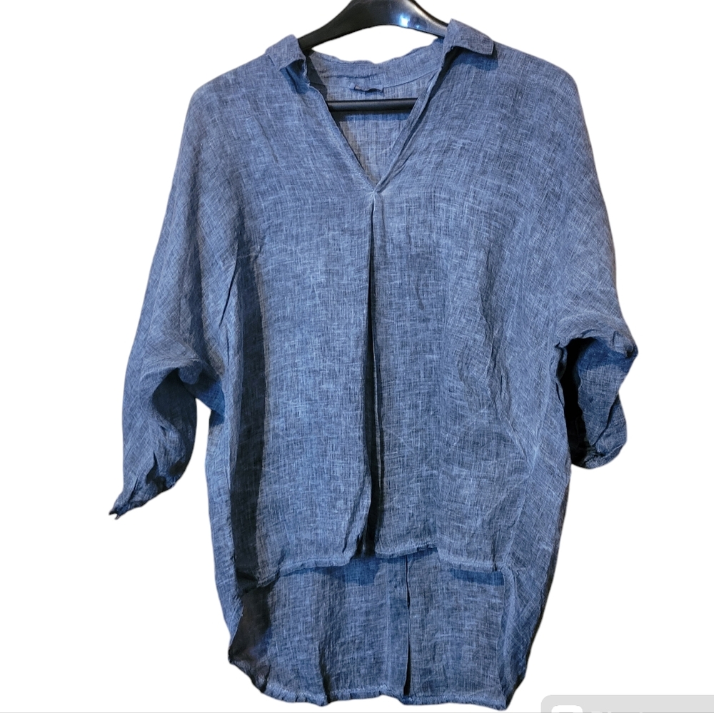 SUZY D LONDON Womens LINEN Tunic Blouse Sz Medium  Blue Made In Italy